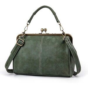 Women's Green PU Leather Soft Kiss Lock Vintage Top Handle Crossbody Satchel Bag